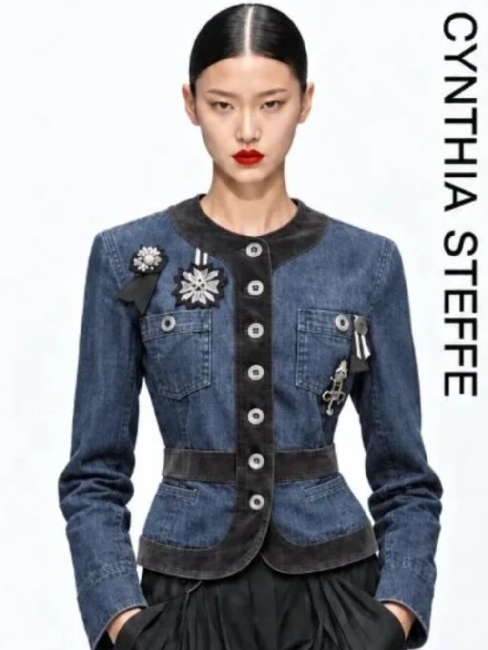 💋STUNNING!💋VTG Cynthia Steffe Steam Punk Denim & Velvet Military Blazer